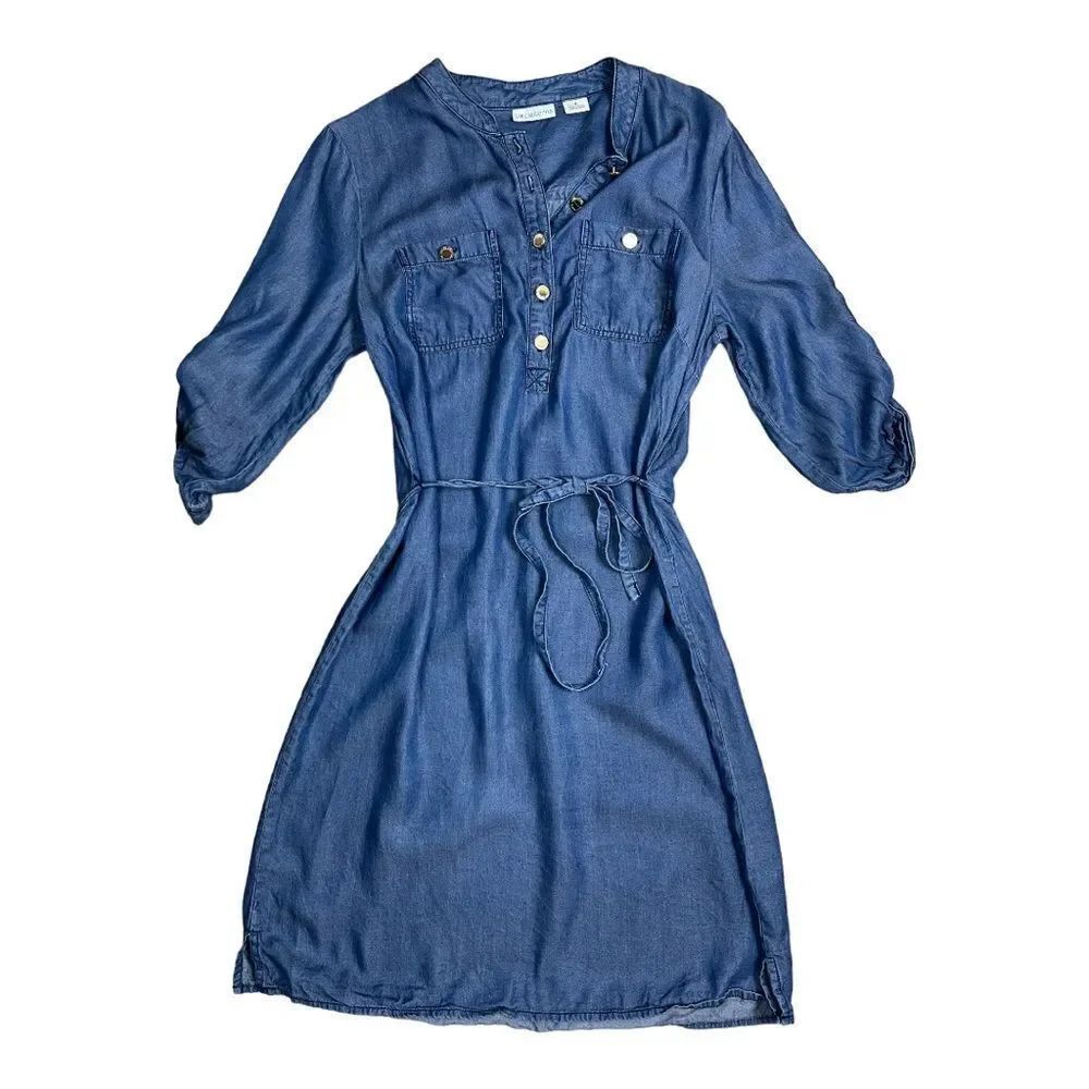 Liz Claiborne Tencel Chambray Shirt Dress Tie Waist Roll Tab Sleeve Size 6